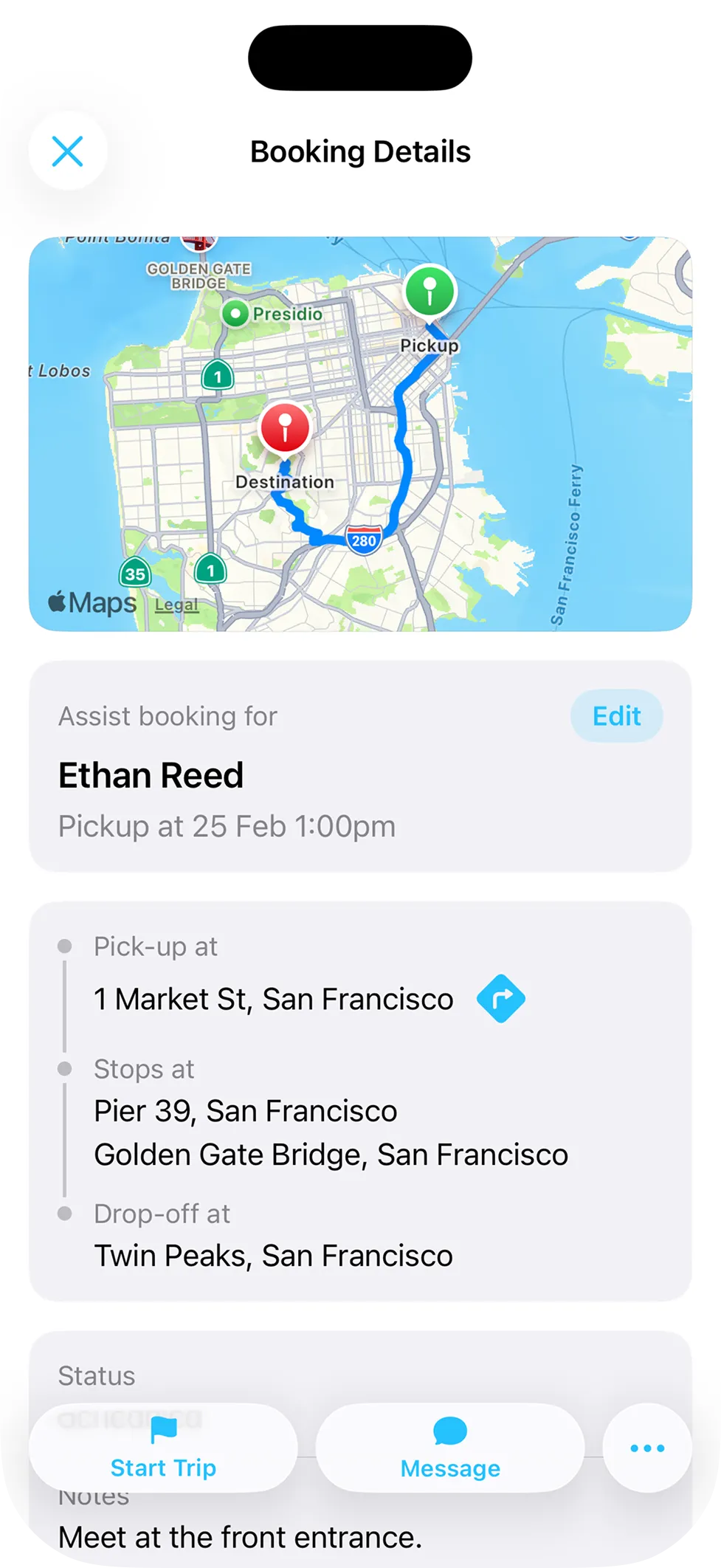 Booking management screen with multiple destinations