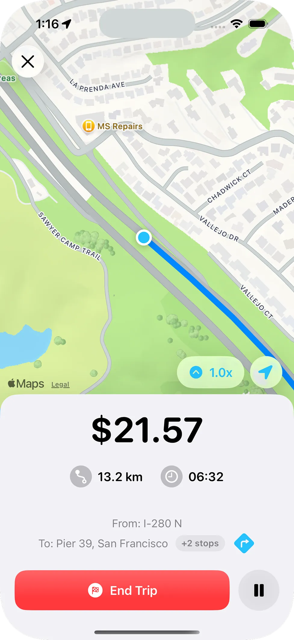 Meterly taxi meter trip screen showing route, fare, distance, and trip controls